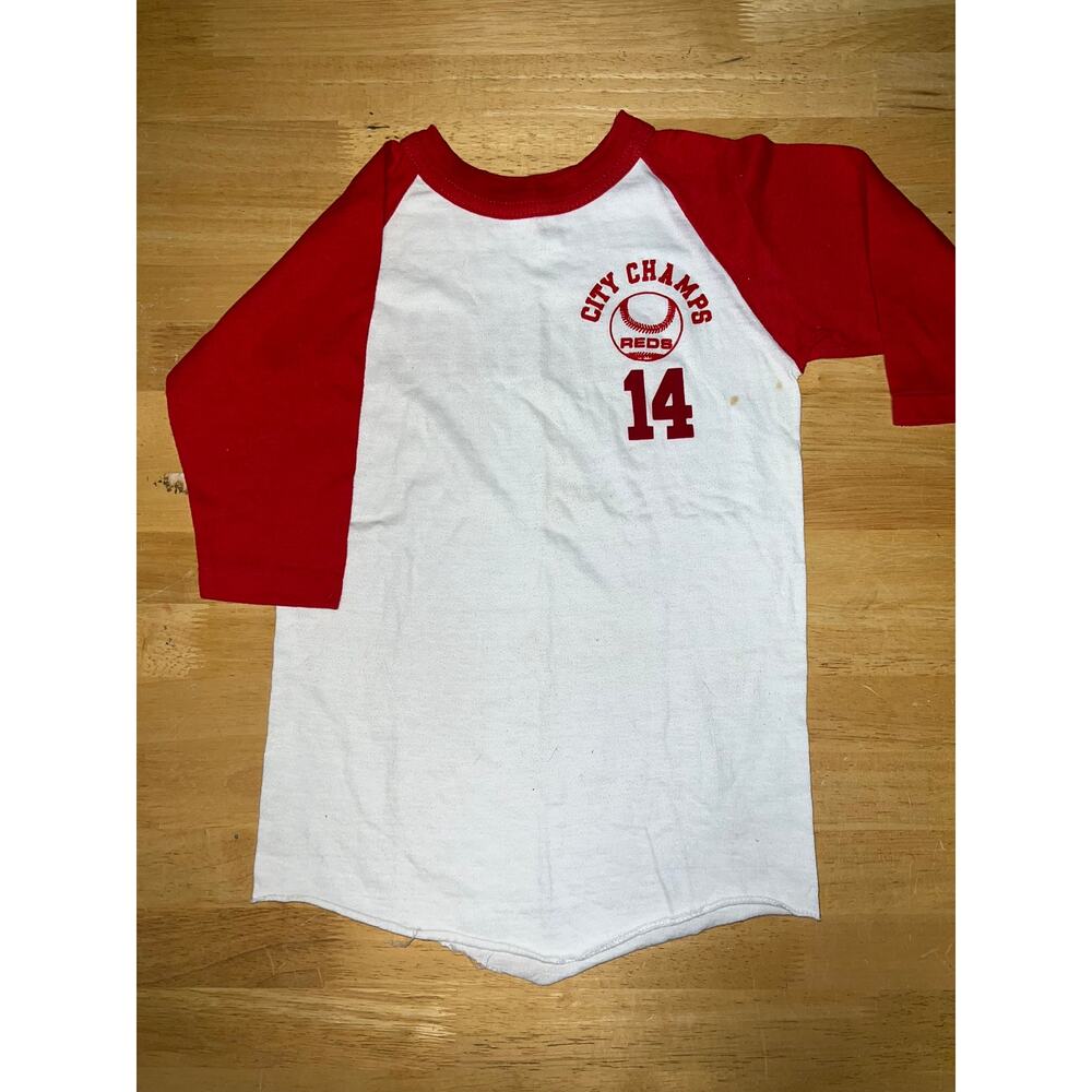 Vintage Youth Baseball Shirt Mid Sleeve Raglan City Champs Reds Redmond Tee M